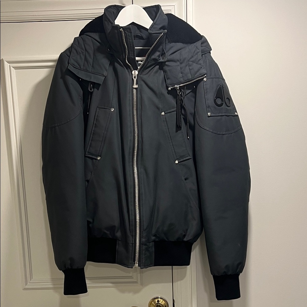 Moose Knuckles Charcoal Puffer Jacket with shearling lined hood